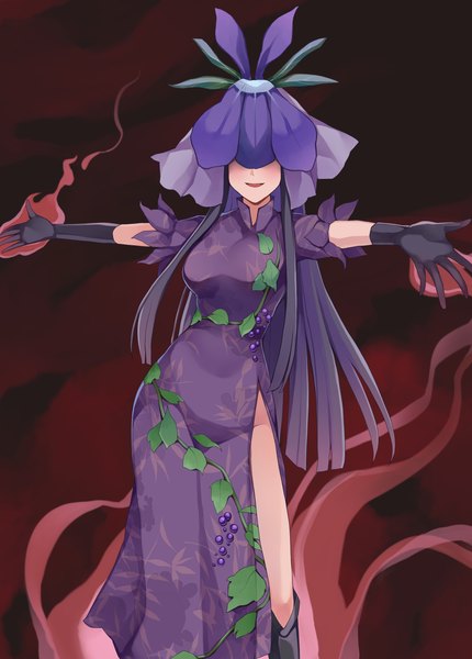 Anime picture 2237x3118 with touhou yomotsu hisami koizumo single long hair tall image highres light erotic black hair smile standing spread arms side slit covering eye (eyes) girl dress gloves flower (flowers) black gloves elbow gloves