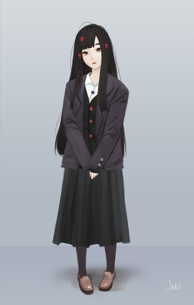 Anime picture 1269x2000 with original alyssa (jubi) jubi (regiana) single long hair tall image looking at viewer black hair simple background red eyes standing signed full body long sleeves head tilt grey background sleeves past wrists girl skirt pantyhose