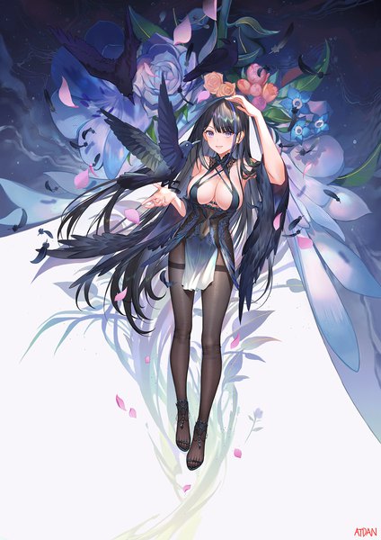 Anime picture 1273x1800 with original atdan single long hair tall image looking at viewer blush fringe breasts light erotic black hair smile large breasts purple eyes bare shoulders signed full body blunt bangs parted lips multicolored hair