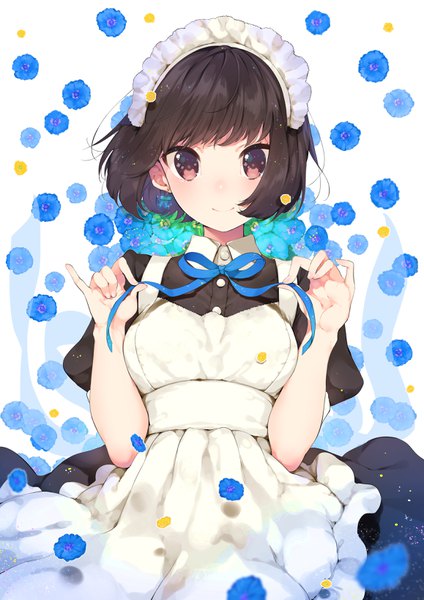 Anime picture 2315x3274 with original mayuri kaichou single tall image looking at viewer blush fringe highres short hair smile brown hair holding brown eyes blunt bangs maid floral background girl uniform ribbon (ribbons) earrings