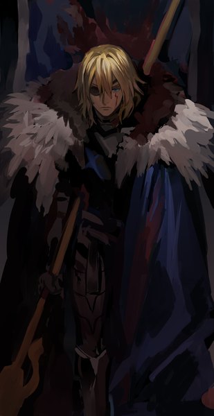 Anime picture 515x1000 with fire emblem fire emblem: three houses nintendo dimitri alexandre blaiddyd eno (pixiv80500165) single tall image looking at viewer fringe short hair blue eyes blonde hair hair between eyes standing holding blood on face boy weapon blood cape