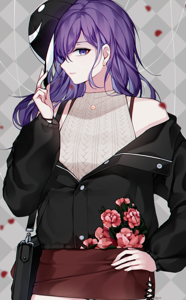 Anime picture 800x1292 with project sekai asahina mafuyu pik4 single long hair tall image looking at viewer purple eyes bare shoulders purple hair upper body profile grey background hand on hip floral print partially open clothes checkered checkered background rhombus girl