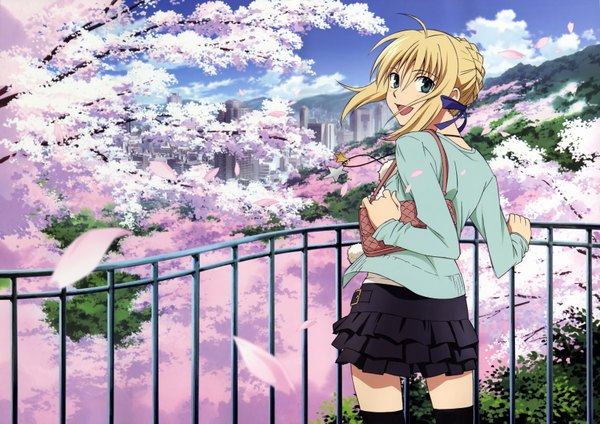 Anime picture 6603x4667 with fate/stay night studio deen artoria pendragon (all) saber single long hair highres open mouth blonde hair green eyes absurdres looking back scan cherry blossoms girl skirt ribbon (ribbons) hair ribbon petals star (symbol)