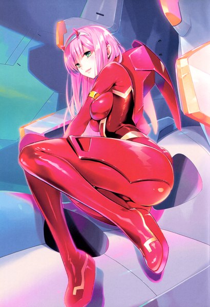 Anime picture 2902x4247 with darling in the franxx studio trigger zero two (darling in the franxx) yabuki kentarou single long hair tall image looking at viewer blush fringe highres breasts light erotic large breasts green eyes pink hair full body bent knee (knees) ass blunt bangs