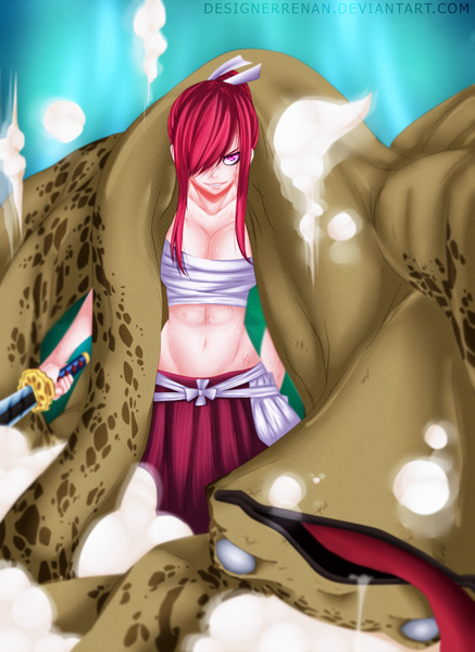 Anime picture 1385x1900 with fairy tail erza scarlet designerrenan single long hair tall image fringe light erotic smile red hair pink eyes hair over one eye bare belly midriff coloring smoke blank eyes girl navel bow