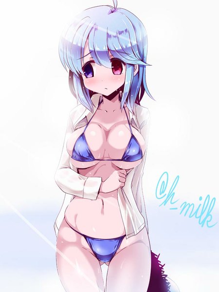 Anime picture 600x800 with touhou tatara kogasa miuku (marine sapphire) single tall image blush short hair breasts light erotic simple background red eyes standing purple eyes signed blue hair ahoge open clothes open shirt heterochromia girl