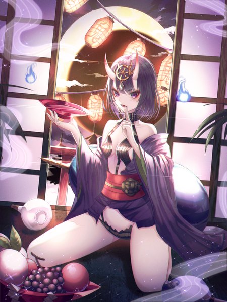 Anime picture 3000x4000 with fate (series) fate/grand order shuten douji (fate) domi (hyaku8795) single tall image looking at viewer fringe highres short hair breasts open mouth light erotic hair between eyes purple eyes bare shoulders holding purple hair full body traditional clothes