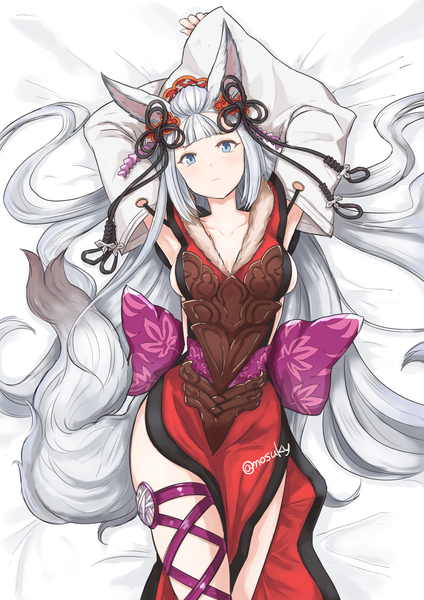 Anime picture 1000x1414 with granblue fantasy socie (granblue fantasy) nosuku single long hair tall image looking at viewer fringe blue eyes light erotic signed animal ears payot white hair tail lying blunt bangs traditional clothes japanese clothes animal tail