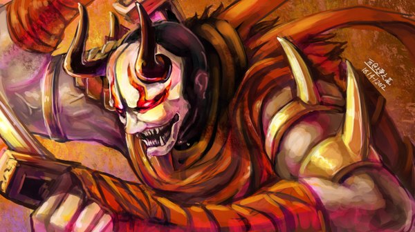 Anime picture 1300x728 with league of legends shen (league of legends) beanbean1988 single red eyes wide image horn (horns) teeth sharp teeth face paint boy gloves weapon sword katana mask