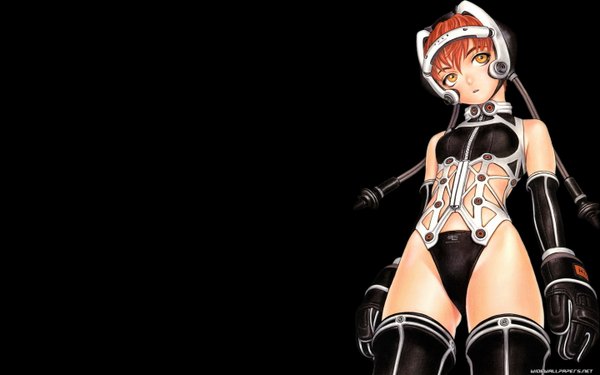 Anime picture 1440x900 with range murata single fringe short hair breasts light erotic simple background standing bare shoulders yellow eyes looking away tail parted lips orange hair inscription from below black background girl gloves elbow gloves