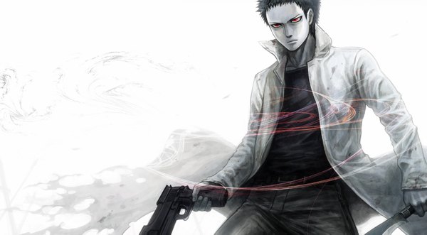 Anime picture 1500x829 with one-punch man madhouse zombie-man ujuju single short hair black hair red eyes wide image white background serious boy weapon sword gun cloak pistol