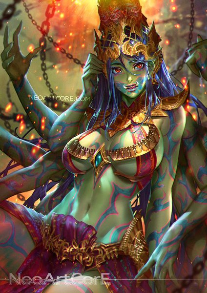 Anime picture 700x990 with nudtawut thongmai single long hair tall image fringe breasts light erotic hair between eyes red eyes blue hair parted lips lips realistic midriff thighs groin licking extra arms green skin girl