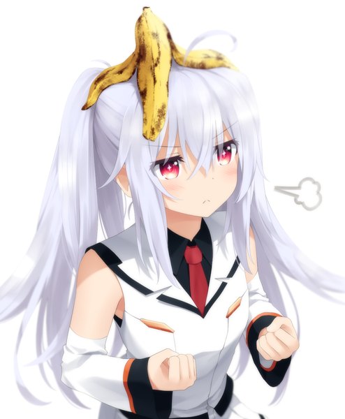 Anime picture 700x850 with plastic memories isla (plastic memories) haribote (tarao) single long hair tall image looking at viewer blush red eyes white background white hair girl detached sleeves fruit banana