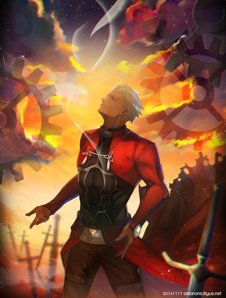 Anime picture 1000x1319 with fate (series) fate/stay night type-moon archer (fate) astarone single tall image short hair signed sky cloud (clouds) white hair dark skin looking up unlimited blade works boy weapon sword cloak gears