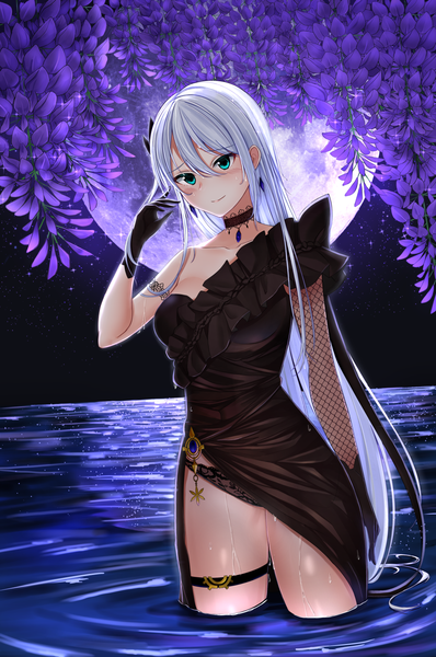 Anime picture 1063x1600 with honkai impact 3rd honkai (series) cecilia schariac aircell single long hair tall image looking at viewer blush fringe breasts blue eyes light erotic smile hair between eyes large breasts standing silver hair outdoors head tilt