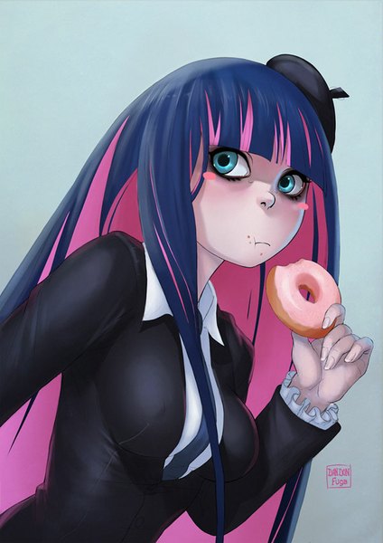 Anime picture 600x849 with panty & stocking with garterbelt anarchy stocking dandon fuga single long hair tall image breasts blue eyes simple background blue hair looking away pink hair multicolored hair two-tone hair colored inner hair eating girl food doughnut