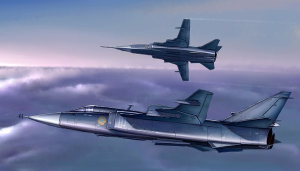 Anime picture 1400x800 with original kcme wide image sky cloud (clouds) horizon flying weapon airplane jet su-24