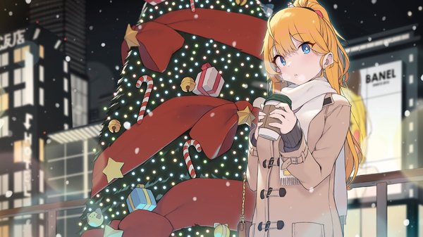 Anime picture 2048x1149 with original cloba single long hair looking at viewer highres blue eyes blonde hair wide image ponytail parted lips night snowing exhalation city lights street girl earrings food sweets
