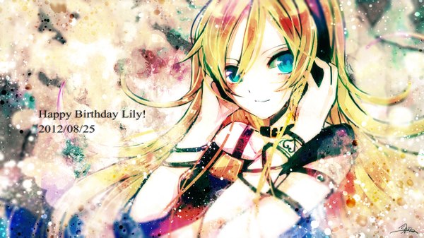 Anime picture 1300x731 with vocaloid lily (vocaloid) sazanami shione single long hair looking at viewer fringe blue eyes blonde hair hair between eyes wide image upper body inscription dated happy birthday girl headphones