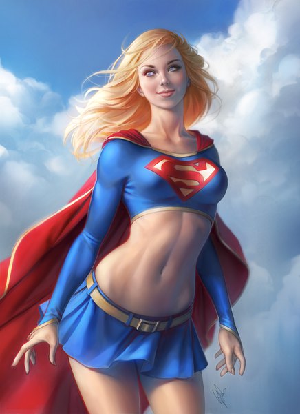 Anime picture 700x963 with dc comics supergirl warrenlouw single long hair tall image blue eyes light erotic blonde hair smile signed looking away sky cloud (clouds) pleated skirt wind lips realistic bare belly lipstick