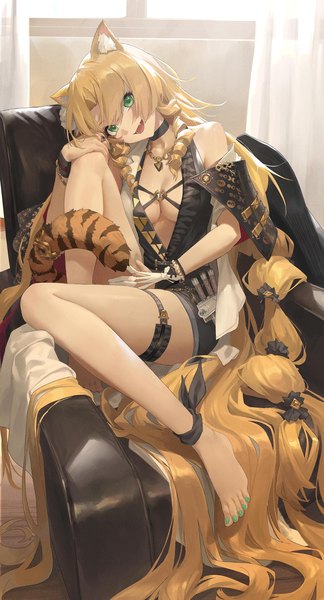 Anime picture 1500x2779 with arknights swire (arknights) swire the elegant wit (arknights) ttk (kirinottk) single long hair tall image fringe breasts open mouth light erotic blonde hair smile large breasts sitting green eyes animal ears cleavage full body indoors