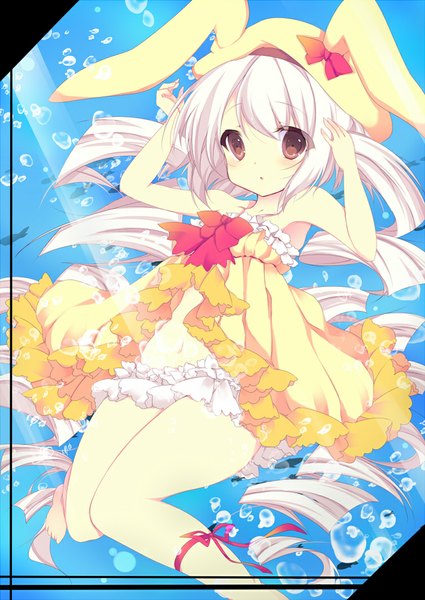 Anime picture 752x1062 with original umino mizu single tall image looking at viewer blush red eyes twintails white hair very long hair loli drill hair girl dress navel hat frills bubble (bubbles)