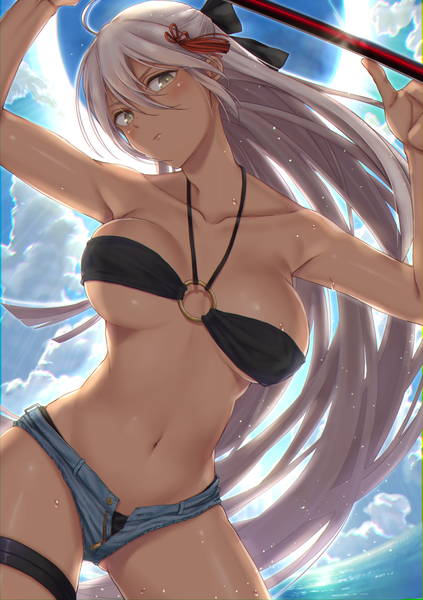 Anime picture 2039x2893 with fate (series) fate/grand order okita souji (fate) (all) okita souji alter (fate) ayana2123 single tall image looking at viewer blush fringe highres breasts light erotic hair between eyes large breasts holding yellow eyes sky cleavage silver hair