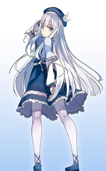 Anime picture 1184x1911 with original 90i single long hair tall image fringe blue eyes simple background standing looking away silver hair looking back gradient background hand on head arm behind back lolita fashion girl beret