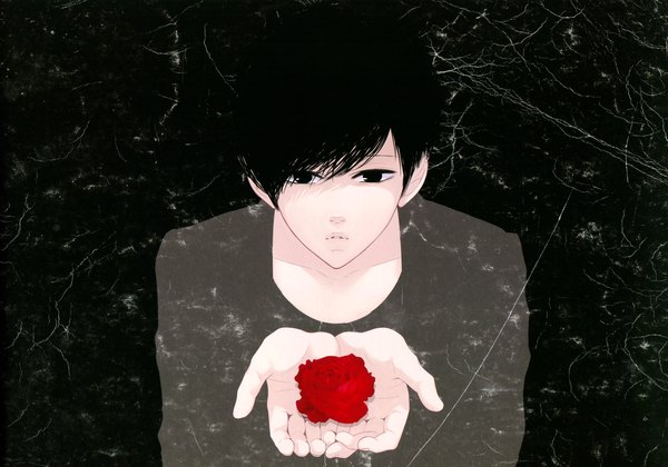 Anime picture 3457x2424 with just be friends (vocaloid) single highres short hair black hair simple background absurdres black eyes black background boy flower (flowers) rose (roses)