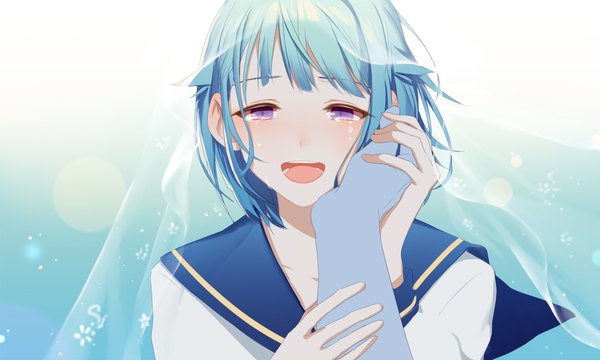 Anime picture 2000x1200 with ensemble stars! shino hajime asd13 looking at viewer highres short hair open mouth wide image purple eyes aqua hair tears solo focus otoko no ko pov hand on another's face boy sailor suit veil