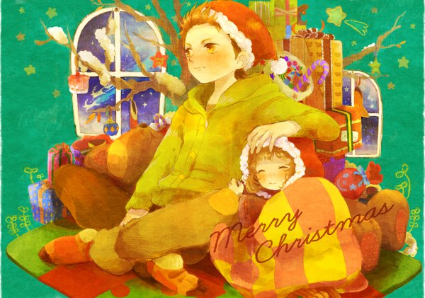 Anime picture 1280x900 with original biora blush short hair brown hair brown eyes eyes closed inscription fur trim christmas new year merry christmas hand on another's head headpat girl boy plant (plants) tree (trees) socks jacket