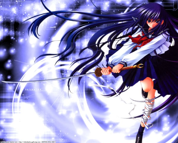 Anime picture 1280x1024 with yami to boushi to hon no tabibito studio deen azuma hazuki single purple hair very long hair wallpaper blue background girl uniform weapon sword serafuku katana bandage (bandages)