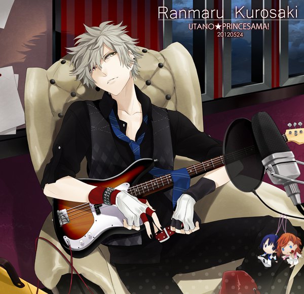 Anime picture 800x773 with uta no prince-sama a-1 pictures jinguji ren hijirikawa masato kurosaki ranmaru kyo zip single short hair sitting yellow eyes looking away indoors nail polish head tilt grey hair shadow copyright name character names turning head dated