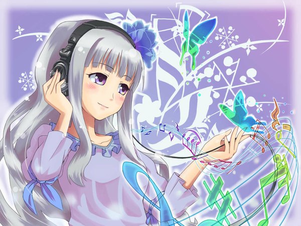 Anime picture 1066x800 with idolmaster shijou takane long hair silver hair grey eyes jpeg artifacts headphones insect butterfly musical note