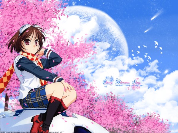 Anime picture 1280x960 with sister princess zexcs rinrin (sister princess) tenhiro naoto zaira single short hair smile red eyes brown hair sitting signed looking away sky crossed legs cherry blossoms plaid skirt third-party edit goggles on head flock