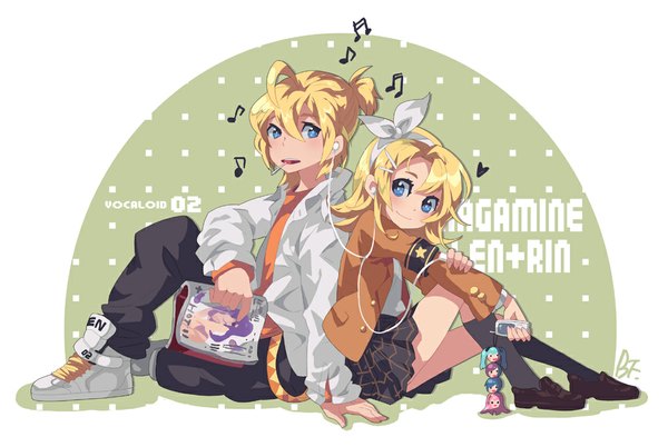 Anime picture 1035x695 with vocaloid kagamine rin kagamine len bf. (sogogiching) short hair blue eyes blonde hair smile sitting signed ahoge twins back to back music girl boy uniform hair ornament bow hair bow