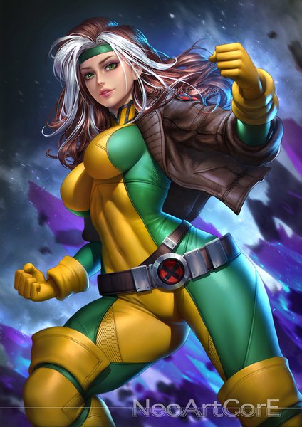 Anime picture 800x1132 with x-men marvel comics rogue (x-men) nudtawut thongmai single long hair tall image looking at viewer breasts light erotic brown hair large breasts standing green eyes signed bent knee (knees) white hair multicolored hair lips realistic