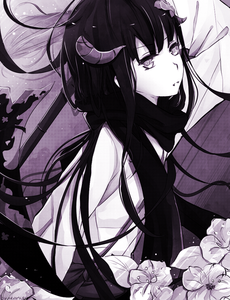 Anime picture 780x1014 with inu x boku ss david production shirakiin ririchiyo yurui karameru single long hair tall image looking at viewer fringe black hair purple eyes hair flower horn (horns) monochrome girl hair ornament flower (flowers) weapon scarf