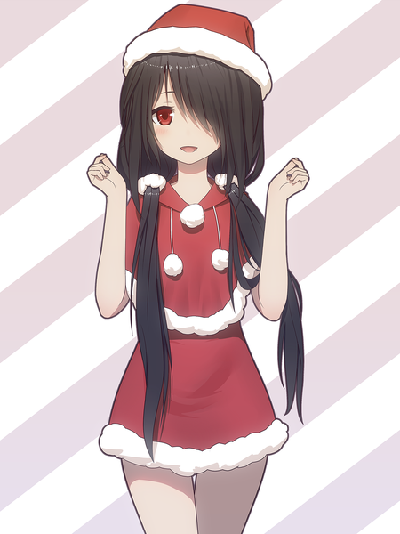 Anime picture 1200x1600 with date a live tokisaki kurumi maredoro single long hair tall image looking at viewer blush fringe open mouth black hair red eyes standing twintails hair over one eye fur trim low twintails christmas striped background girl