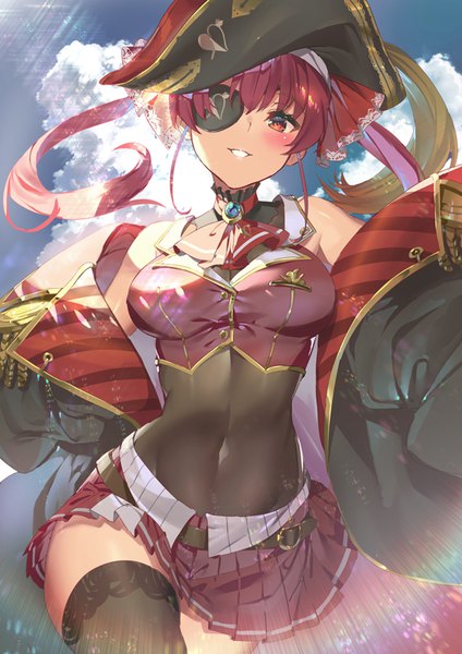 Anime picture 566x800 with virtual youtuber hololive houshou marine houshou marine (1st costume) yoshimoto (dear life) single long hair tall image looking at viewer blush light erotic smile red eyes twintails sky cloud (clouds) red hair pleated skirt midriff grin