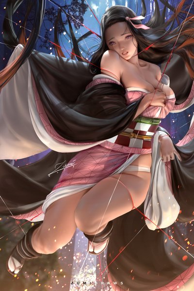 Anime picture 2339x3508 with kimetsu no yaiba ufotable kamado nezuko zumi (zumidraws) single long hair tall image looking at viewer highres breasts light erotic black hair large breasts purple eyes bare shoulders holding signed cleavage full body bent knee (knees)