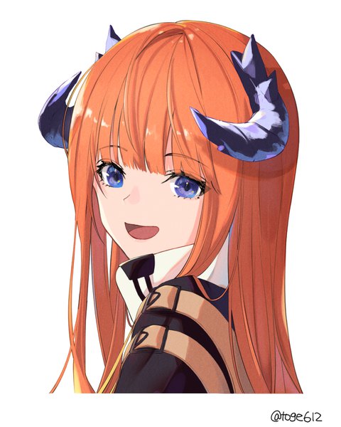 Anime picture 1200x1500 with arknights bagpipe (arknights) amopui single long hair tall image fringe open mouth simple background white background purple eyes signed blunt bangs :d horn (horns) orange hair twitter username portrait girl