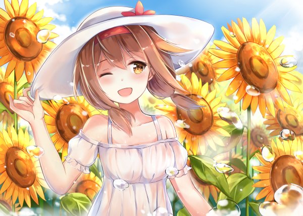 Anime picture 1200x855 with kantai collection shiratsuyu destroyer konka single long hair looking at viewer blush fringe open mouth smile hair between eyes brown hair twintails bare shoulders brown eyes sky cloud (clouds) upper body outdoors one eye closed
