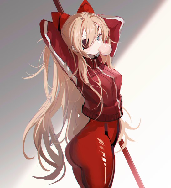 Anime picture 4838x5321 with neon genesis evangelion rebuild of evangelion evangelion: 3.0 you can (not) redo gainax soryu asuka langley 14sky single long hair tall image looking at viewer fringe highres blue eyes light erotic simple background blonde hair hair between eyes standing absurdres ass