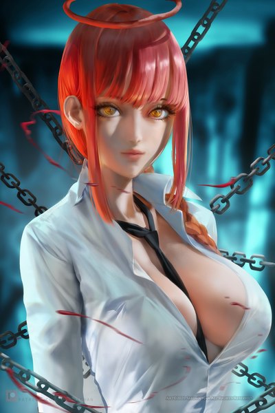 Anime picture 2467x3700 with chainsaw man mappa makima (chainsaw man) sakimichan single long hair tall image looking at viewer fringe highres breasts light erotic large breasts yellow eyes payot cleavage upper body red hair braid (braids) lips