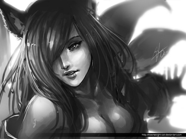 Anime picture 1024x768 with league of legends ahri (league of legends) overweight-cat single long hair fringe breasts open mouth light erotic animal ears looking away tail animal tail lips hair over one eye fox ears fox tail monochrome multiple tails girl