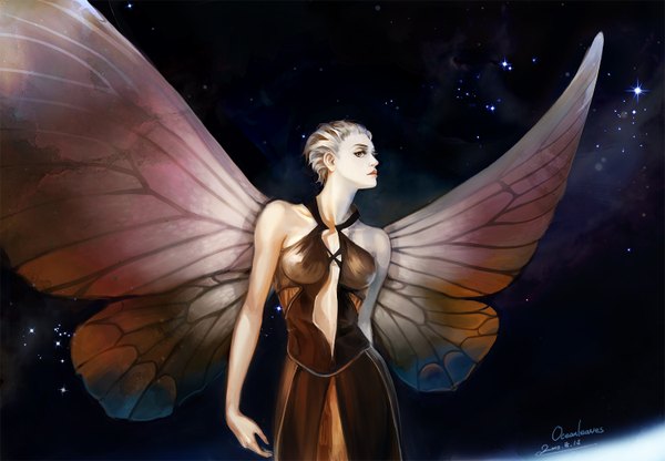 Anime picture 1500x1040 with original ocean (pixiv) short hair brown eyes white hair lips space insect wings butterfly wings dress wings star (stars)