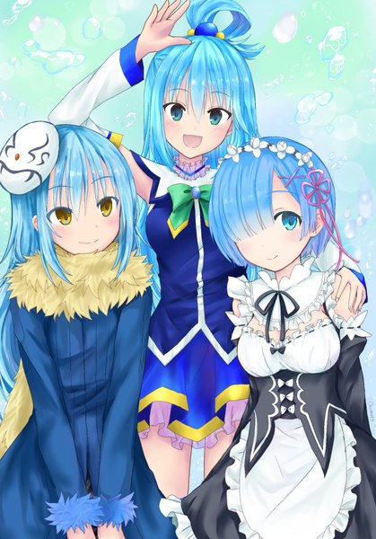 Anime picture 1668x2388 with re:zero kara hajimeru isekai seikatsu kono subarashii sekai ni shukufuku wo! tensei shitara slime datta ken white fox studio deen 8bit rem (re:zero) aqua (konosuba) rimuru tempest okumura tina long hair tall image looking at viewer blush fringe short hair breasts open mouth blue eyes smile