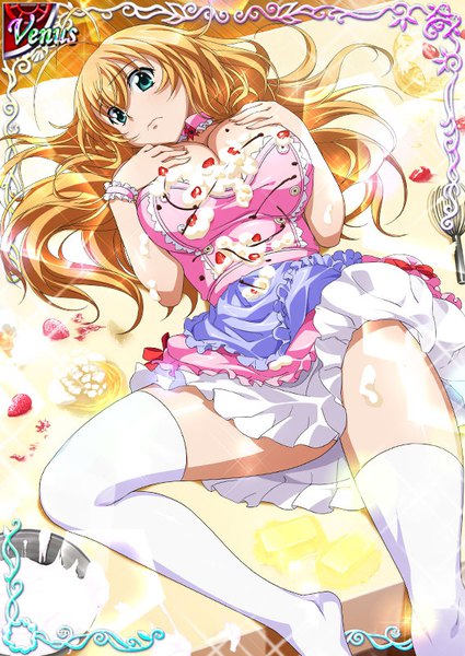 Anime picture 567x800 with ikkitousen sonsaku hakufu single long hair tall image looking at viewer fringe breasts light erotic blonde hair hair between eyes large breasts payot ahoge bent knee (knees) lying aqua eyes sparkle on back hand on chest