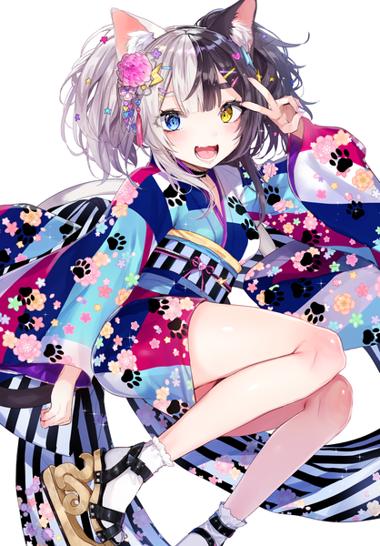 Anime picture 1479x2121 with original metako (hoyashi rebirth) nekometaru single tall image looking at viewer blush fringe short hair open mouth black hair simple background white background twintails animal ears silver hair traditional clothes :d japanese clothes multicolored hair